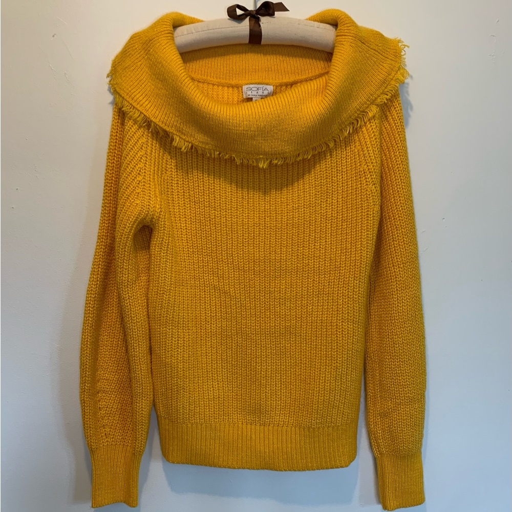 Sofia Vergara Ribbed Fringe Cowl Golden Yellow Sweater Medium